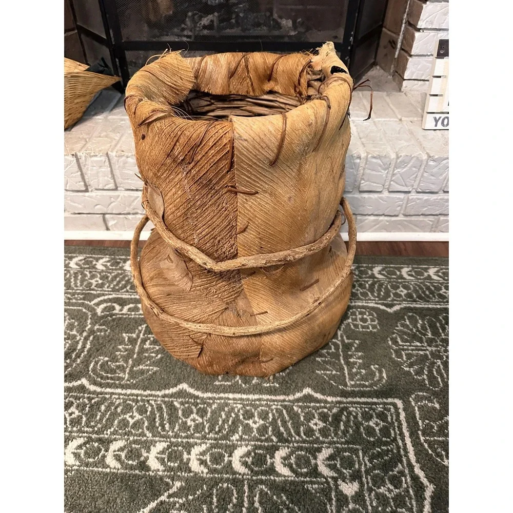 Large Vintage Decorative Basket Primitive Folk Art Hand Woven Palm Bark 20in